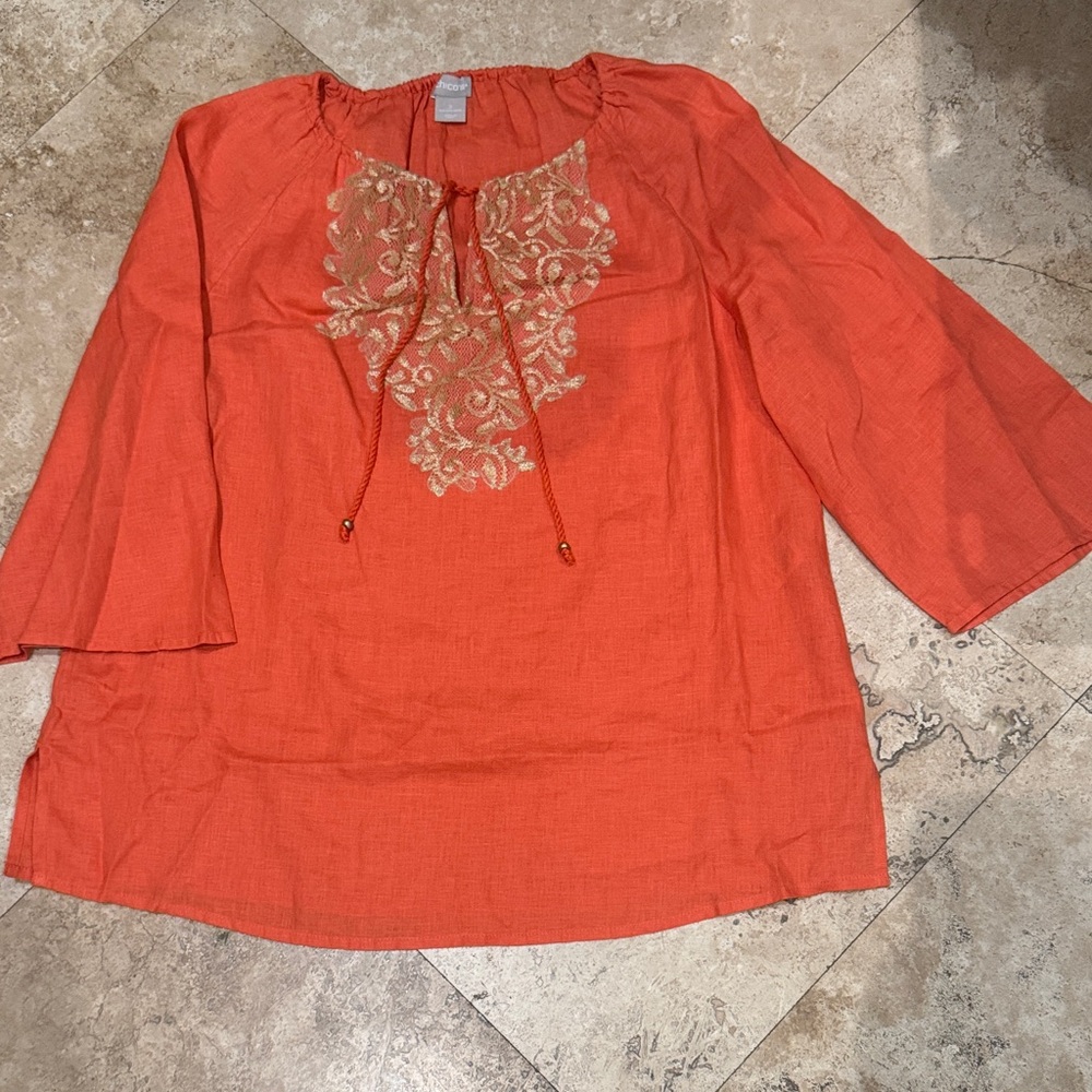 🧡Chico’s 100% Linen Embroidered Tunic – Size 2 (Large 12/14)🧡